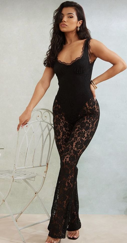 Jumpsuit Going Out Outfit, Jumpsuit Night Out, 26th Birthday Outfit Ideas Black Women, Black Lace Outfits, Black Lace Jumpsuit Outfit, Black Lace Tights Outfit, Lace Outfits Classy, Pants Heels Outfit, Birthday Jumpsuit Outfits