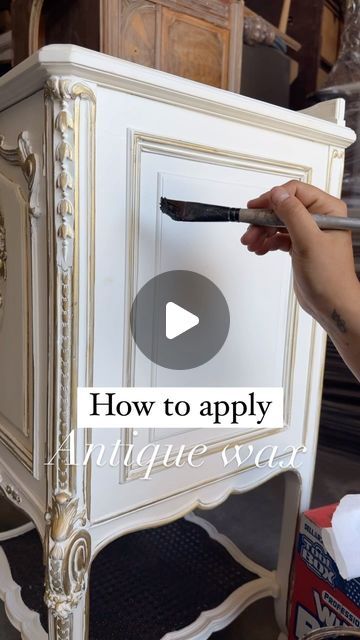 someone is painting an old white cabinet with black paint and the words how to apply