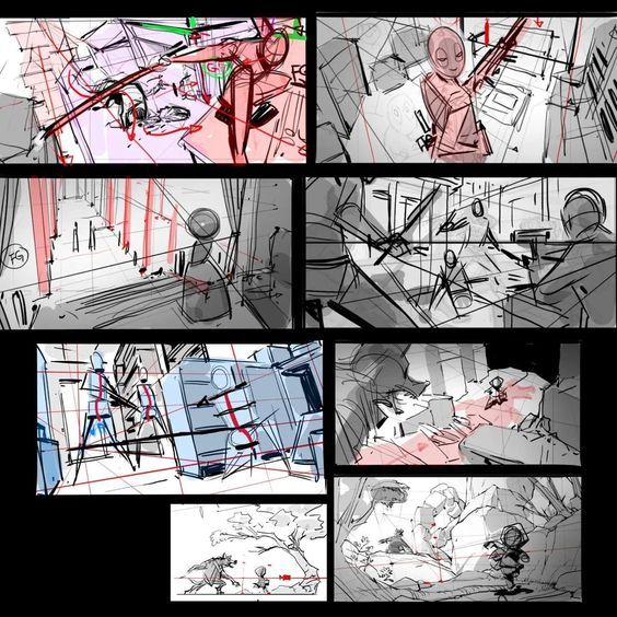 an animation storyboard showing various scenes in different ways