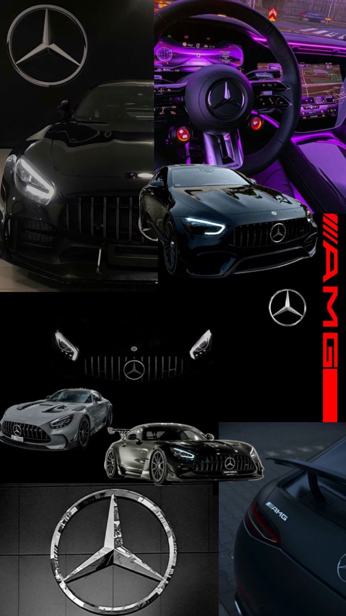 the mercedes logo is shown in this collage