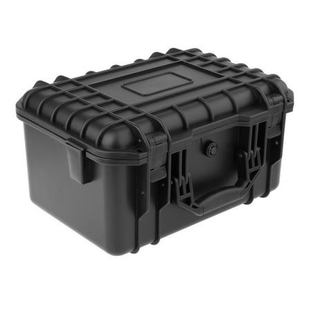 a black plastic box with wheels and latches on the lid is shown in front of a white background