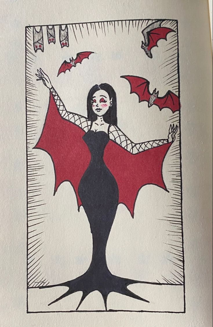 a drawing of a woman dressed in black and red with bats flying above her head