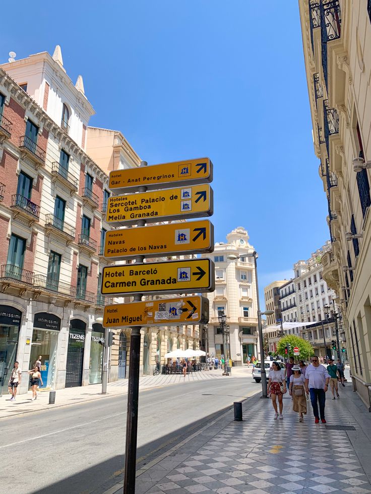 several street signs on the side of a road in front of buildings and people walking