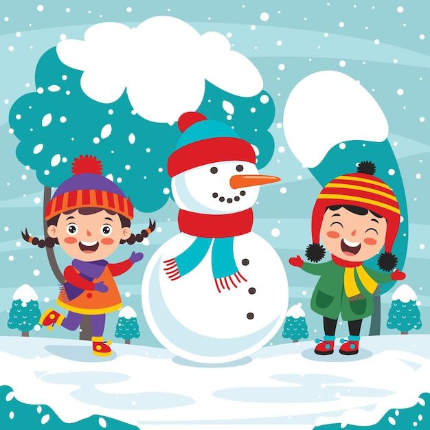 two children playing in the snow with a snowman and another child standing next to it