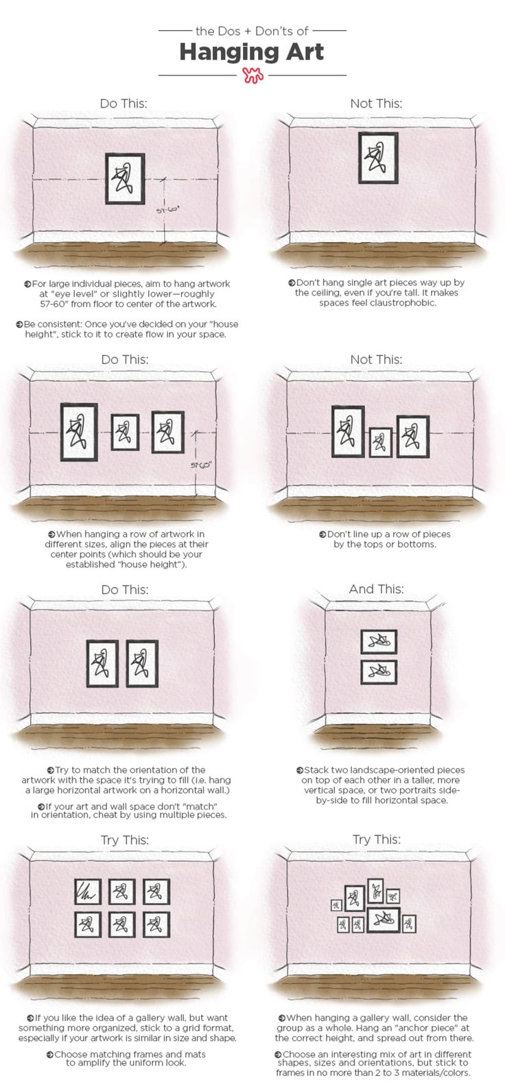 instructions for how to hang pictures on the wall in a living room or kitchen area