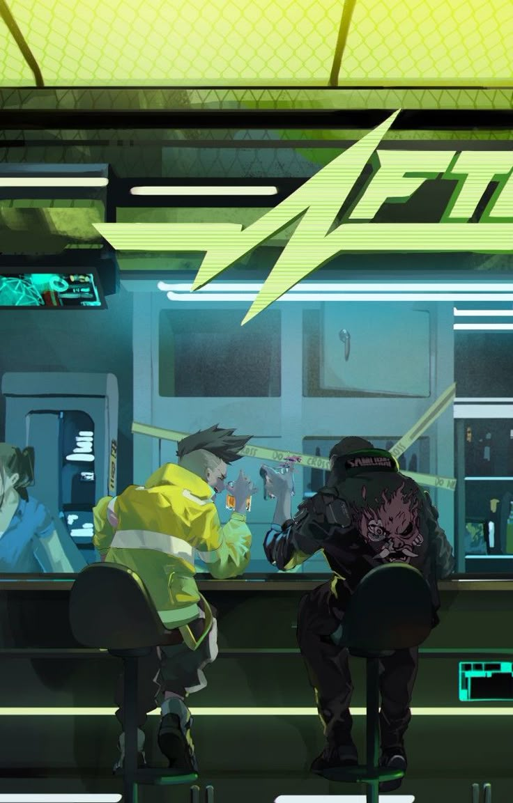 two people sitting at a table in front of a neon lit room with lightning bolt