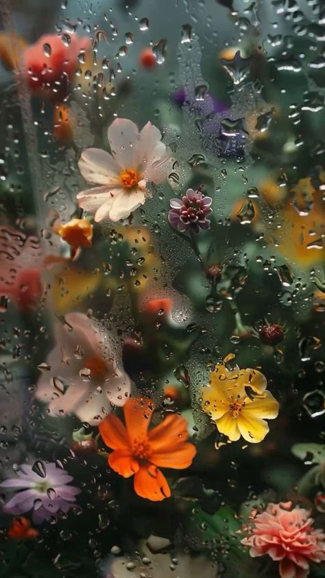 colorful flowers are seen through the rain covered window