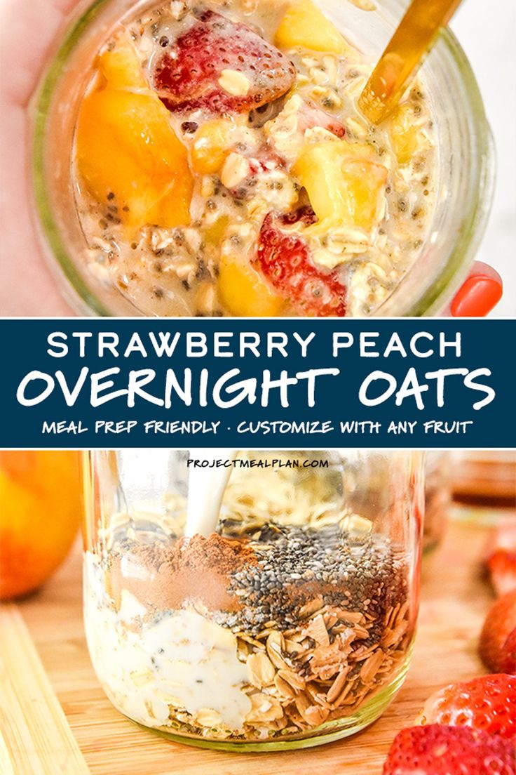 strawberry peach overnight oatmeal in a mason jar