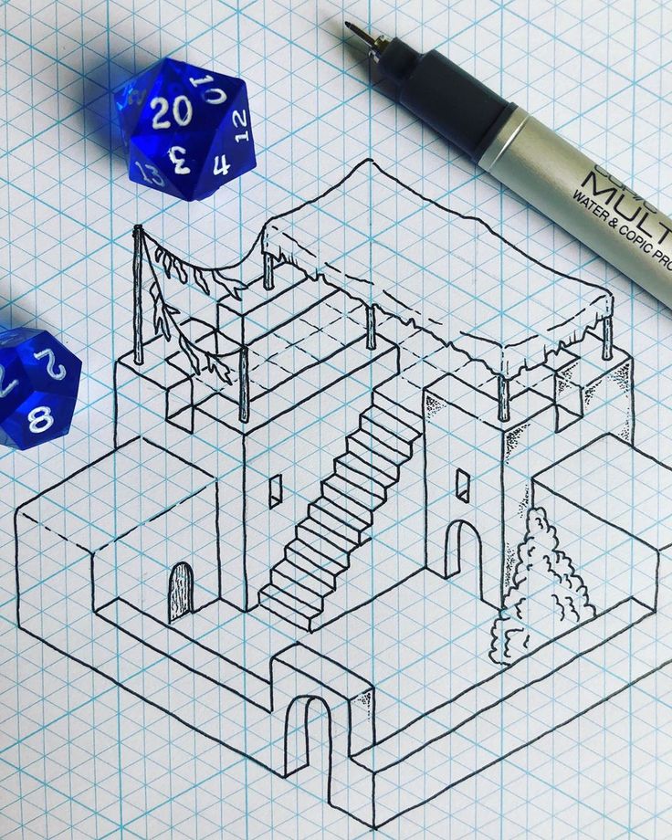 a blue dice sitting on top of a piece of paper next to a drawing of a castle