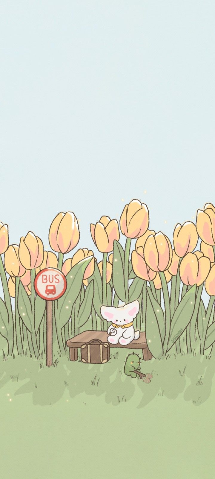 an animal is sitting on a bench in front of tulips and a sign