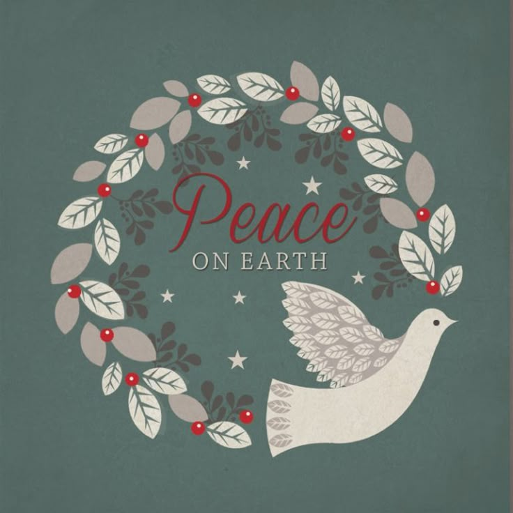 a peace on earth card with a dove surrounded by holly wreaths and stars in the middle