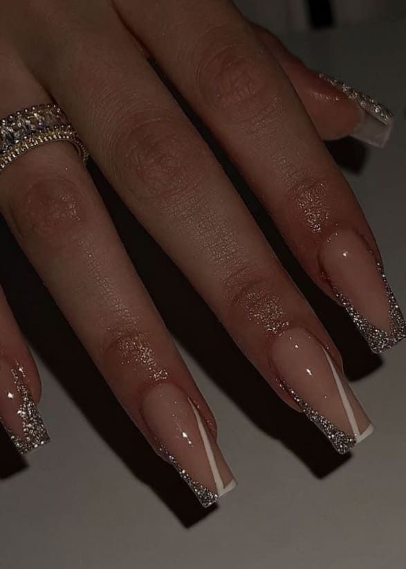 Square Nail Designs New Years, Blue And Silver Prom Nails Acrylic, New Years Nails Ballerina, New Year’s Nails Coffin, Silver Nail Designs Coffin, Nails Acrylic New Years Art Ideas, Medium Length Glam Nails, Ney Year Nails, Cute New Years Nails Glitter