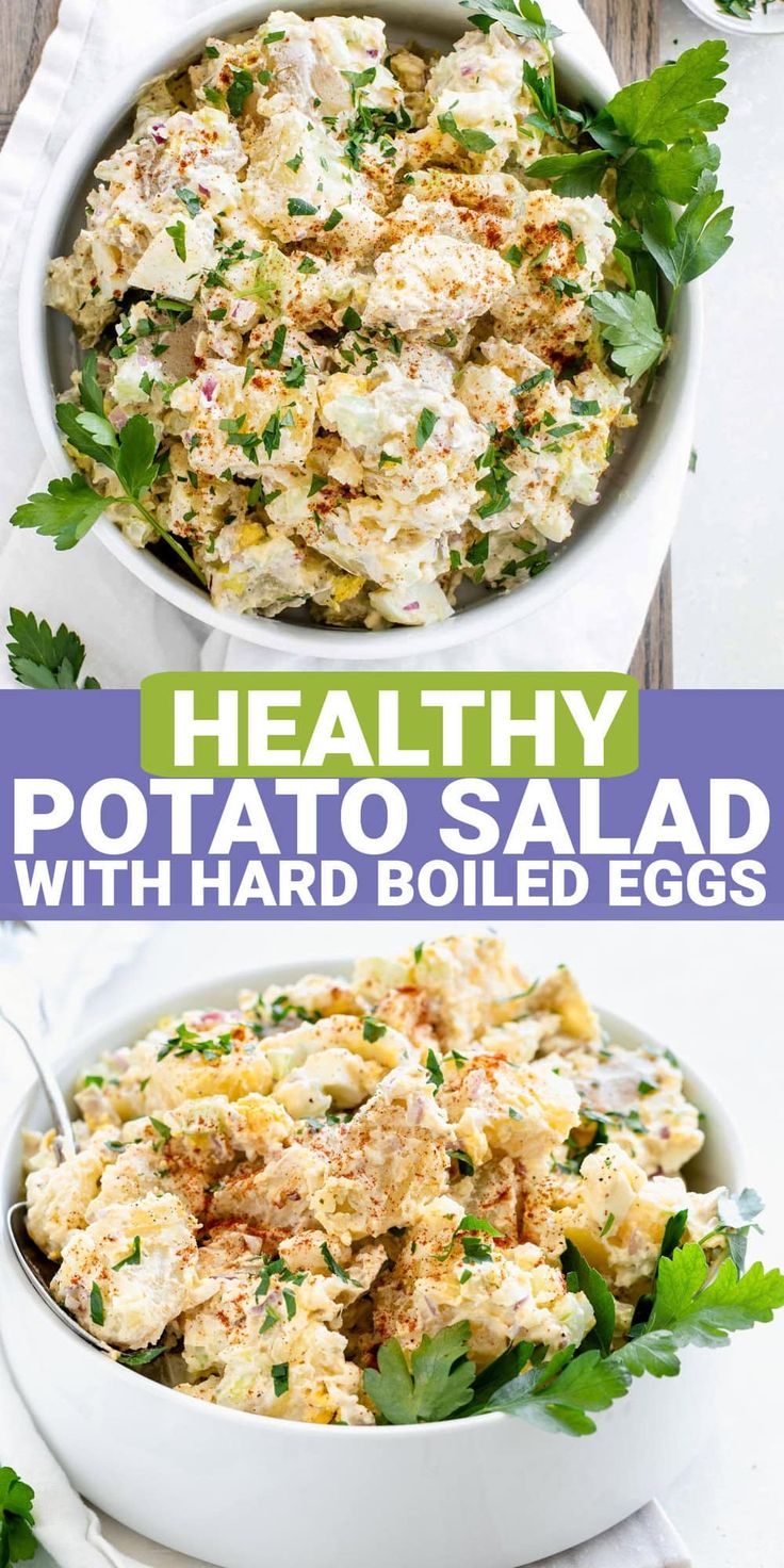 healthy potato salad with hard boiled eggs in a white bowl and topped with parsley