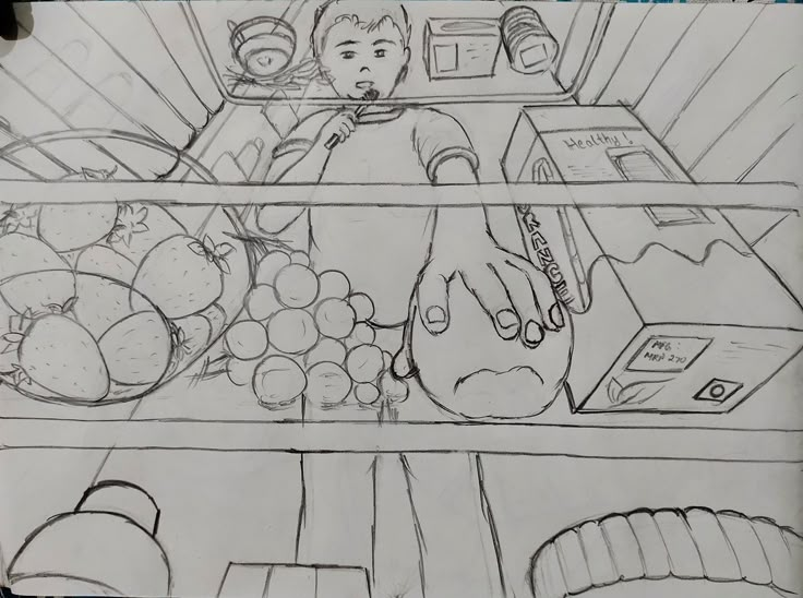 a drawing of a man in the fridge with fruits and veggies behind him