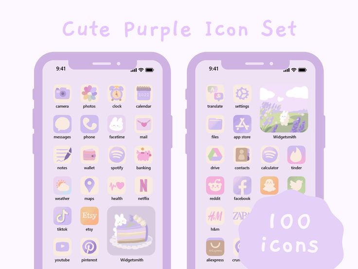 the cute purple icon set is displayed on two iphones, each with different icons