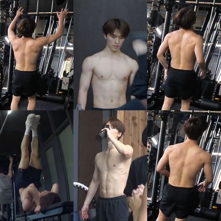 multiple pictures of a shirtless man in the gym