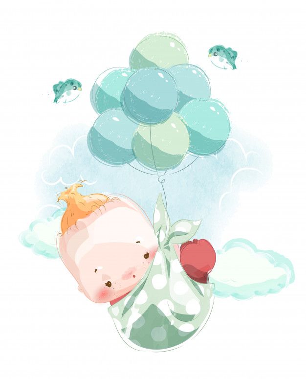 a baby is flying in the sky with balloons above him and holding onto his head