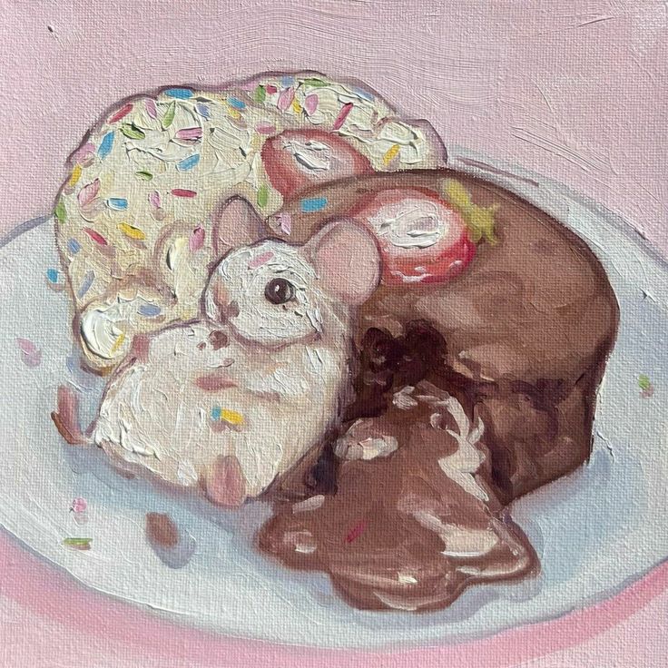 a painting of a mouse and donut on a plate with sprinkles