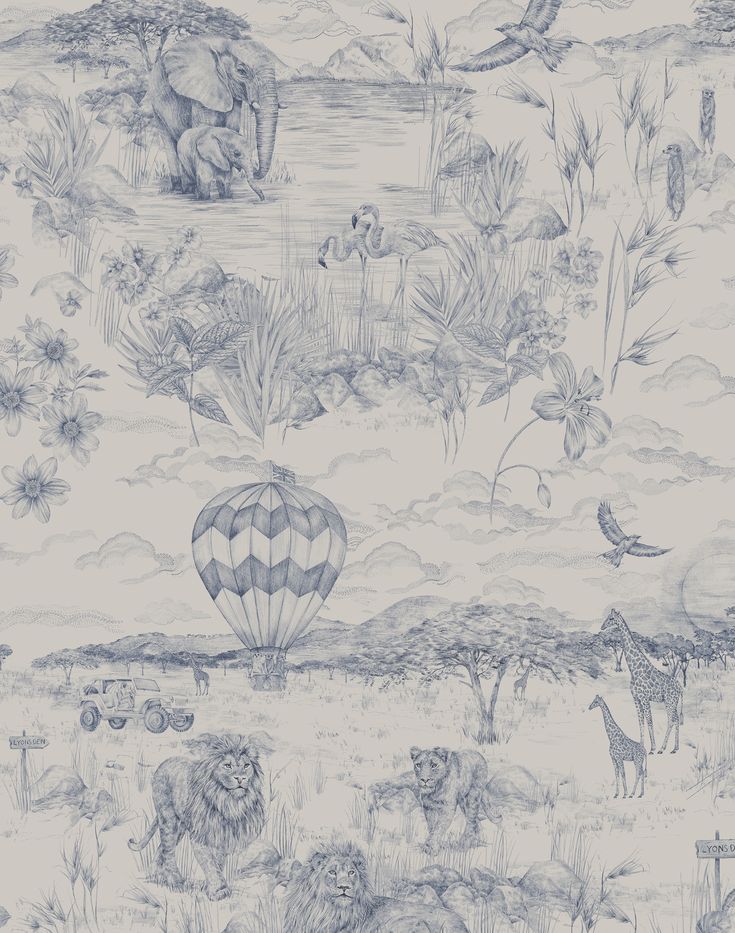 a blue and white wallpaper with animals in the water, trees, and clouds