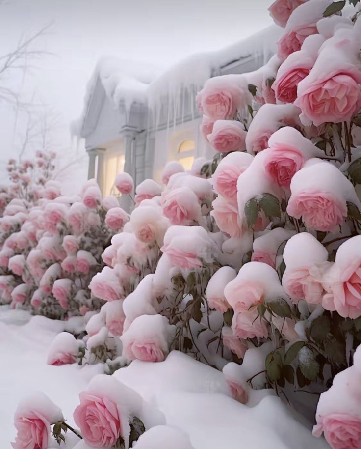 pink roses are covered with snow in front of a house