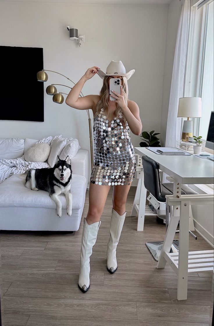 nashville outfit, nashville look, nashville bachelorette, cowboy boots, nashville look, nashville bach aesthetic, white cowboy boots, nashville bach dress, sparkly nashville dress, sequin dress Nashville Bachelorette Party Outfit Bride, Sparkly Cowboy Boots Outfit, Nashville Bride Outfit, Cowboy Boots Nashville, Nashville Dress, Rodeo Wedding, Cowgirl Bachelorette Party Outfits, Cowboy Bachelorette, White Sparkle Dress