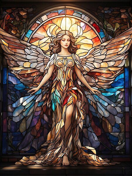 Stained Glass Angel with Wings Stained Glass Altar, Stained Glass Art Christmas, Angel Stained Glass Patterns, Catholic Church Stained Glass, Stained Glass Window Art, Stain Glass Window Art, Magical Castle, Mosaic Art Diy, Mother Mary Images