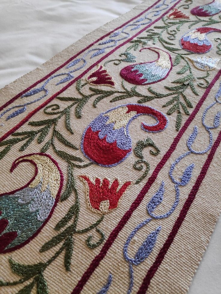 a close up of a rug on a bed