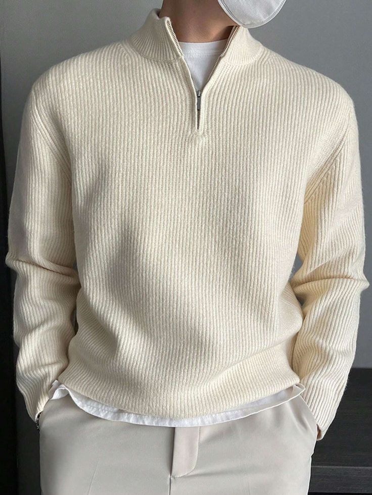 Casual Quarter Zipper Sweater Sweater Quarter Zip Men, Sweaters With Dress Pants Men, Men Sweater Set, Mens Quarter Zip Pullover Sweater, Trendy Half-zip Sweater With Zipper Closure, Half-zip Sweatshirt With Zipper Closure For Spring, White Zipper Closure Sweatshirt For Fall, Casual Spring Polo Sweater, White Zipper Sweatshirt For Fall