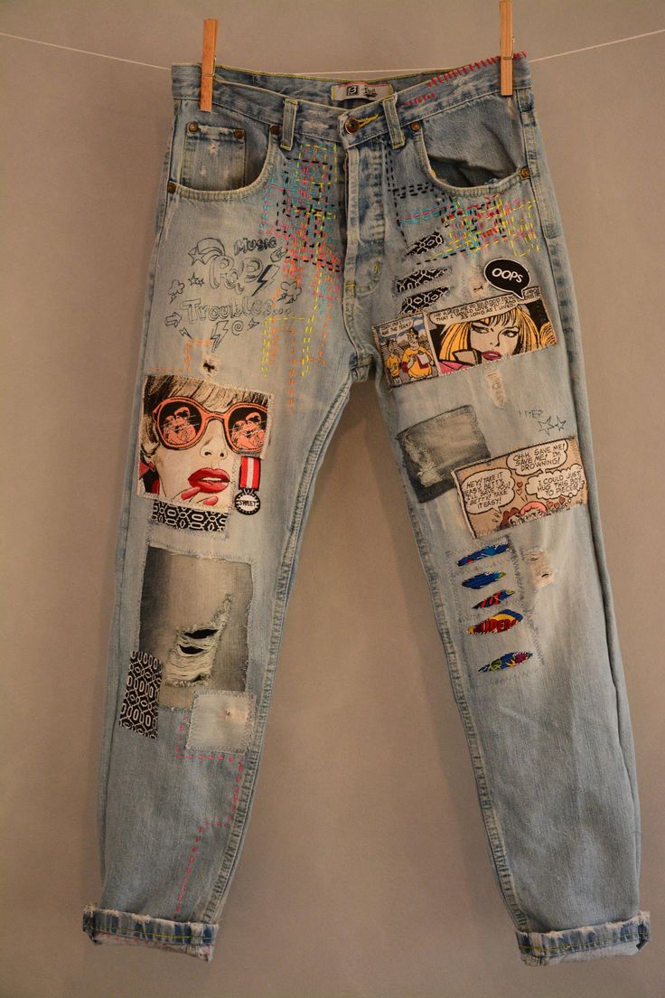 Jeans With Patches, Redone Jeans, Mama Jeans, Patched Denim Jeans, Diy Jeans, Patch Jeans, Diy Vetement, Lace Vintage, Painted Jeans