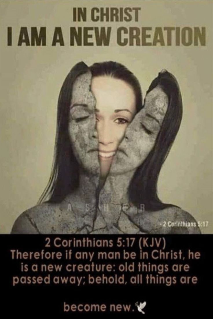 two women covering their faces with their hands and the words in christ i am a new creation