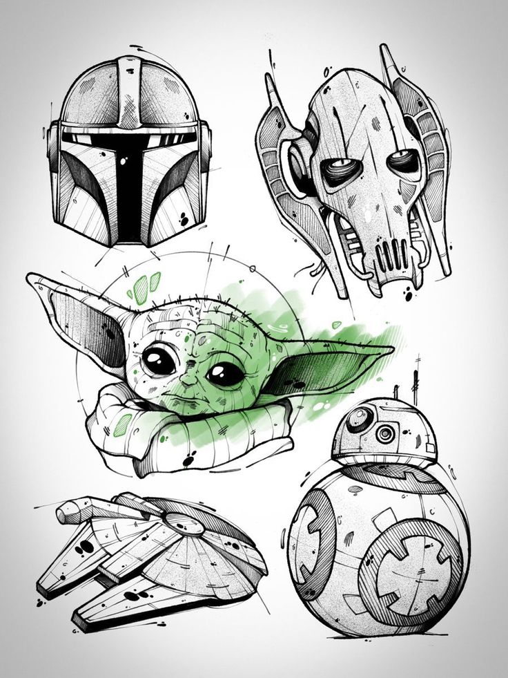 some star wars related items are shown in this drawing technique, including helmets and masks