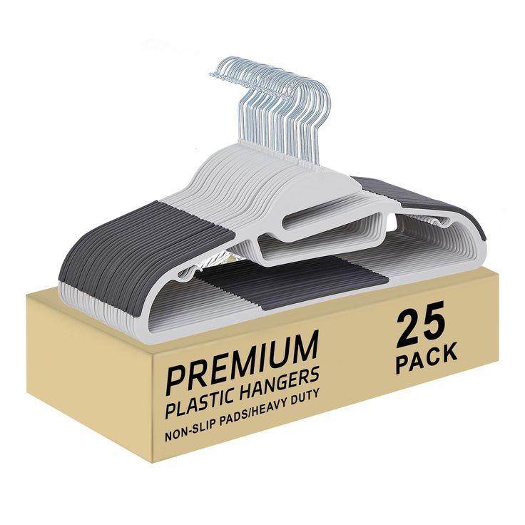 an open package of plastic hangers with 25 pack clips in each box on a white background