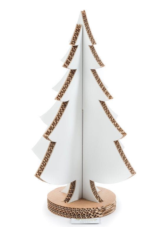 a white christmas tree on a wooden base with gold trimmings is shown in front of a white background