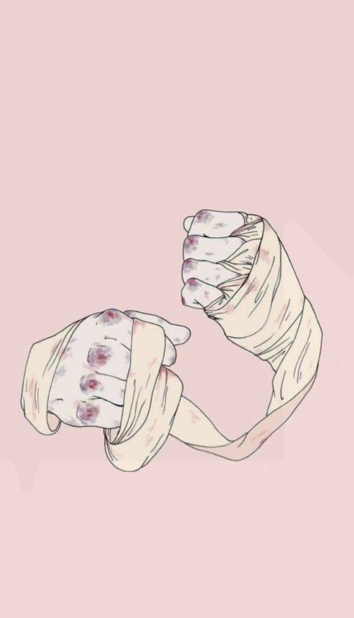 two hands are wrapped in bandages against a pink background