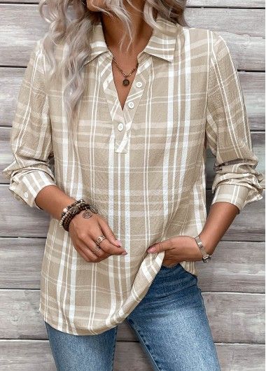 Color:Light Coffee;Size:1X;Size:2X;Size:3X;Package Contents:1 X Blouse;Occasion:Other;Style:Casual; Styles For Women Over 60 Casual, Shirt Collar Blouse, Backyard Art, Mom Clothes, Military Memes, Cute Tops For Women, Material Things, Womens Trendy Tops, Beige Plaid