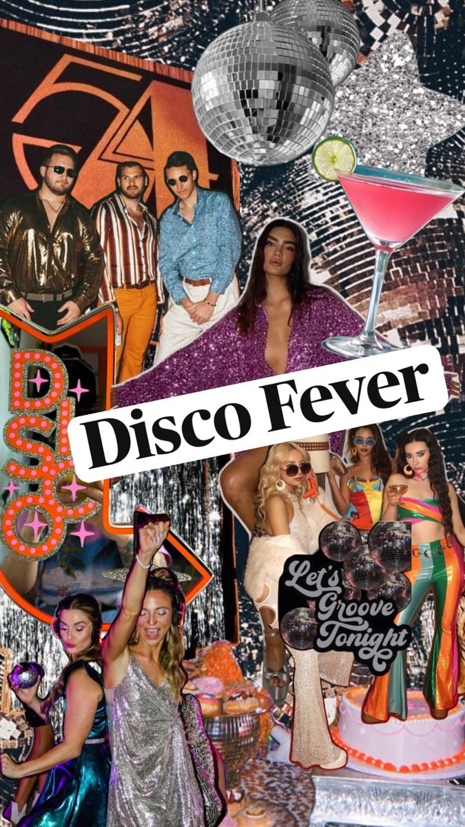 disco fever collage with various pictures and words on it, including the name disco fever