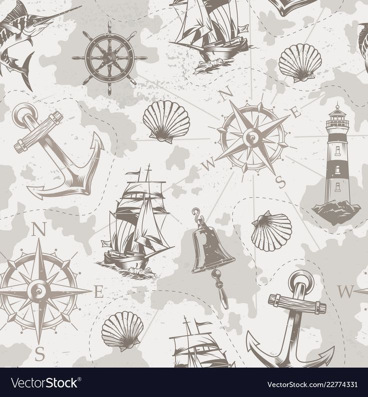 a gray and white wallpaper with different types of ships, anchors, and lighthouses