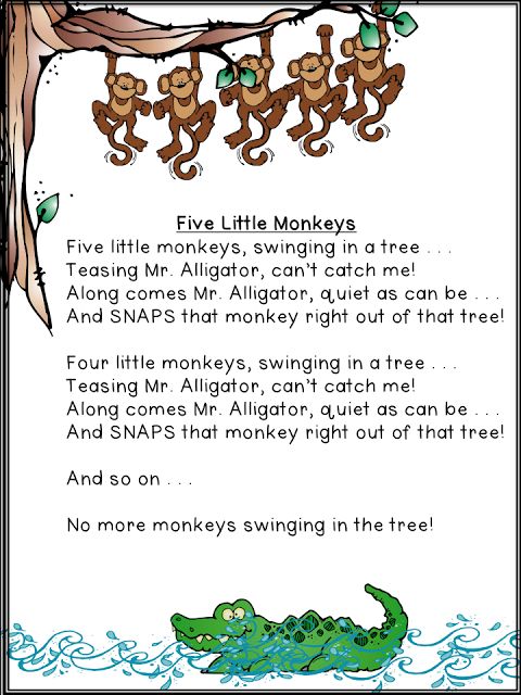 a poem with three monkeys hanging from a tree and the words five little monkeys swinging in a tree