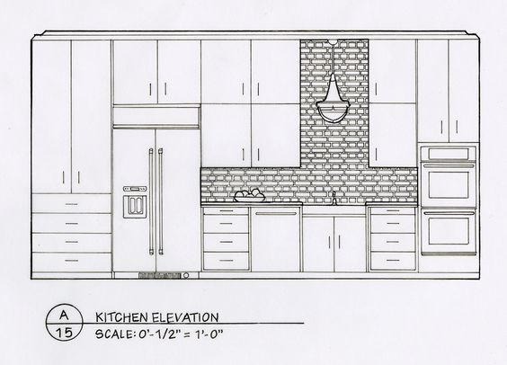 a drawing of a kitchen with an oven, sink and refrigerator in the middle of it