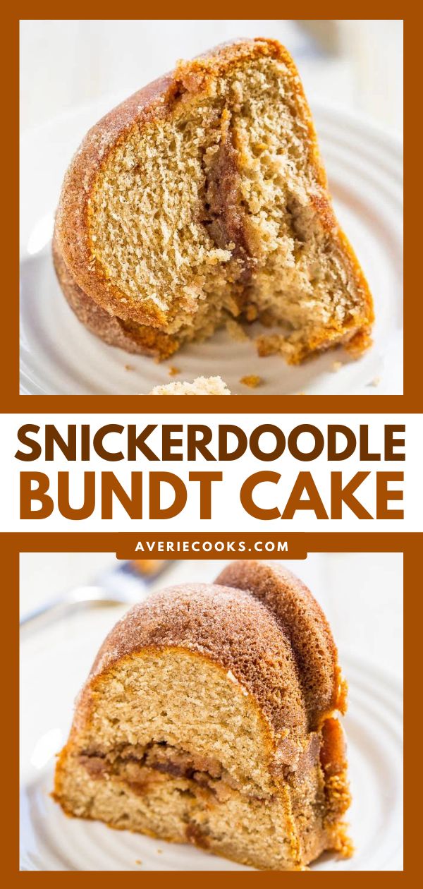 a sliced cake on a white plate with the words, snickkerdoodlele bundt cake