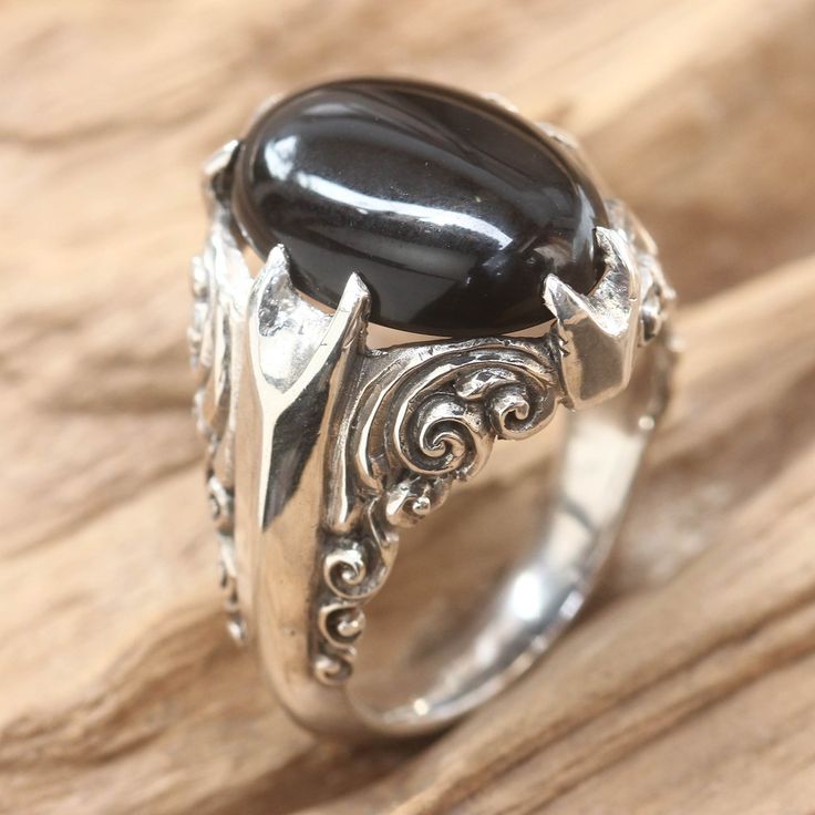 Sterling waves embrace a sleek black gemstone that evokes night shadows. Featuring polished onyx this dramatic ring is a creation of Nyoman Rena. .925 Sterling silver Best Friend Jewelry, Jewelry Model, Accessories Diy Jewelry, Silver Jewelry Rings, Jewelry Outfit, Onyx Ring, Creative Jewelry, Opal Jewelry, Handmade Sterling Silver