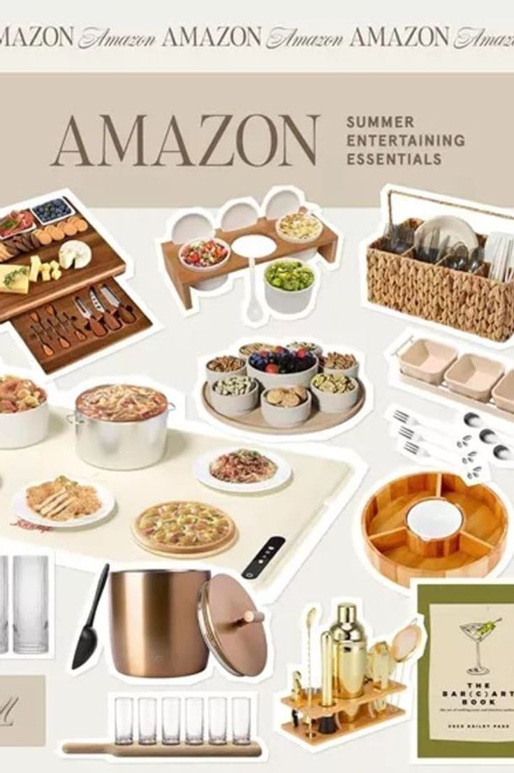 an advertisement for the amazon summer entertaining essentials program, with images of food and drinks