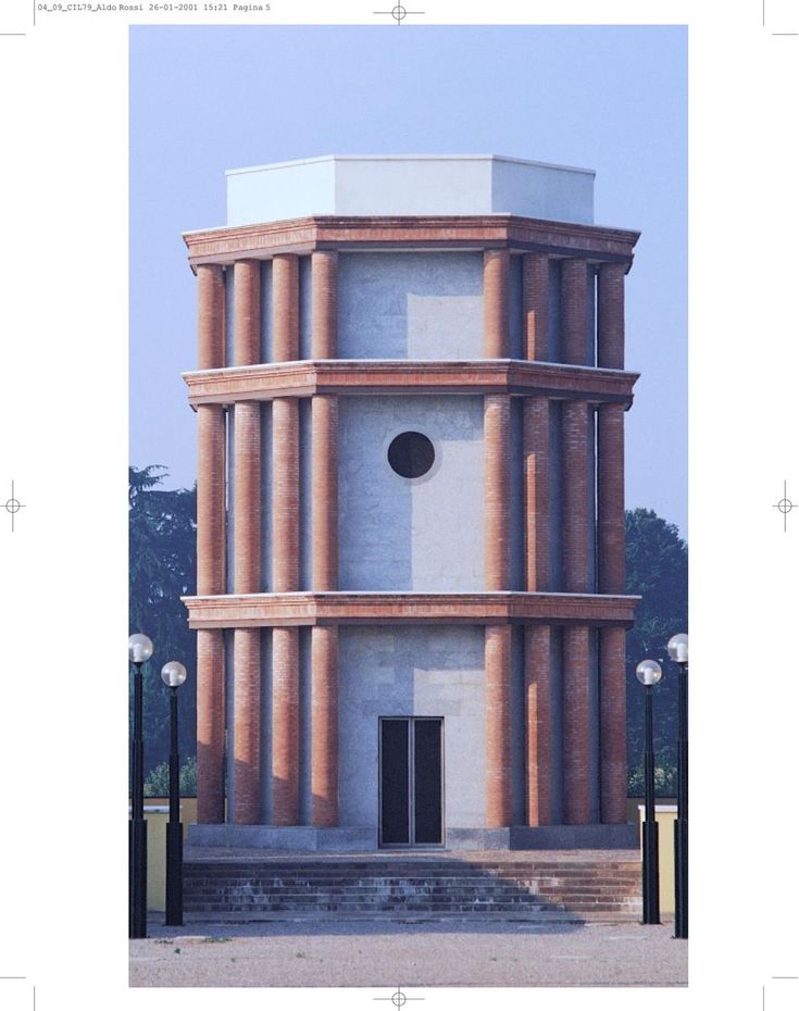 an architectural rendering of a building with columns and a round window in the center is shown