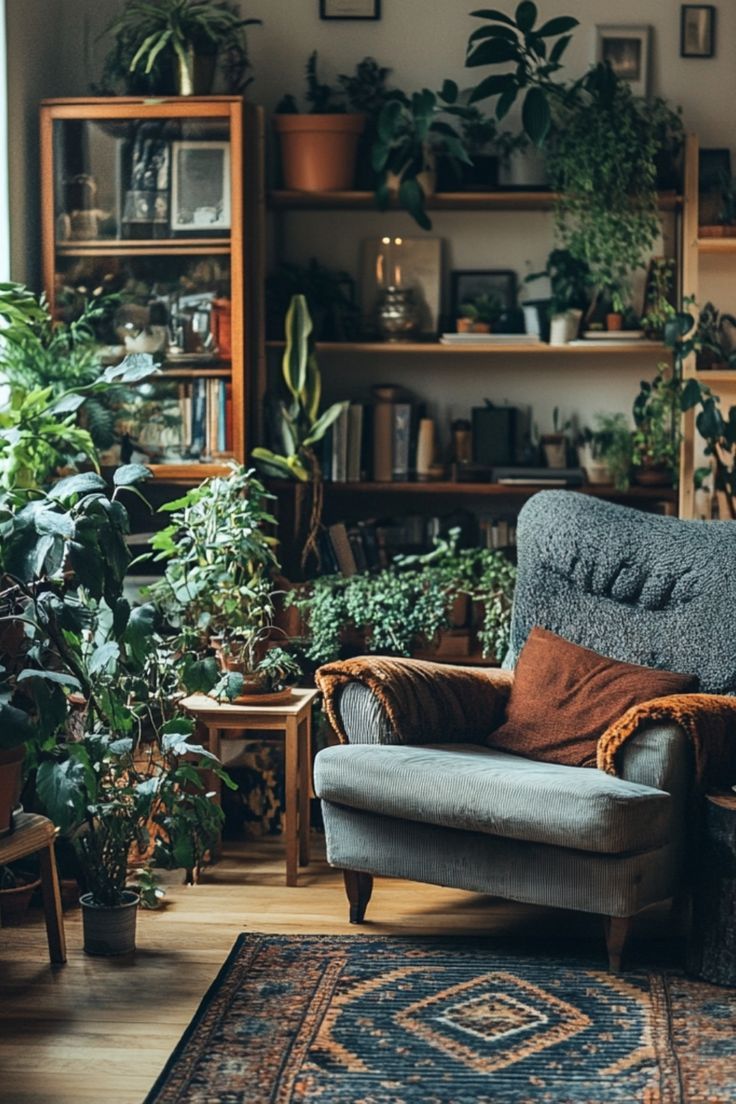 a living room filled with lots of plants and furniture