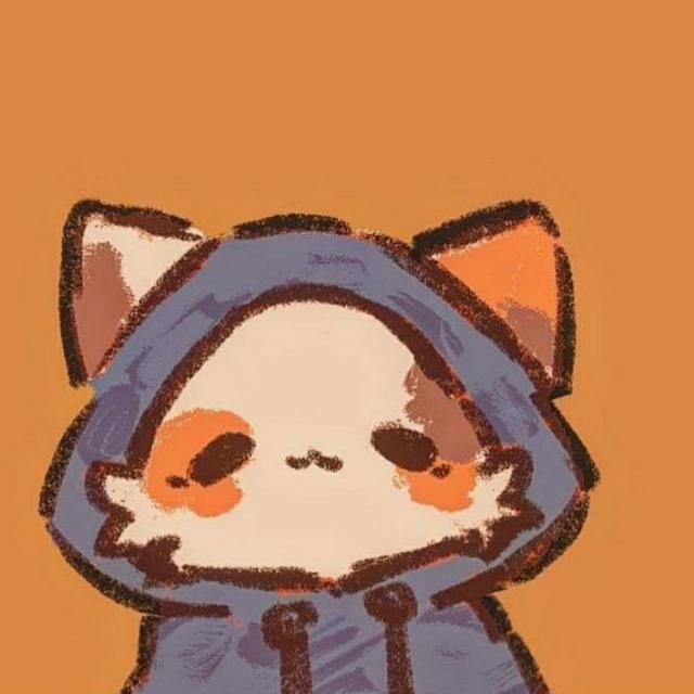 a drawing of a cat wearing a blue hoodie and standing in front of an orange background