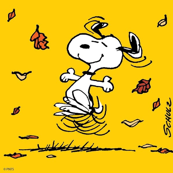 a drawing of a cartoon dog running through the air with fall leaves in the background