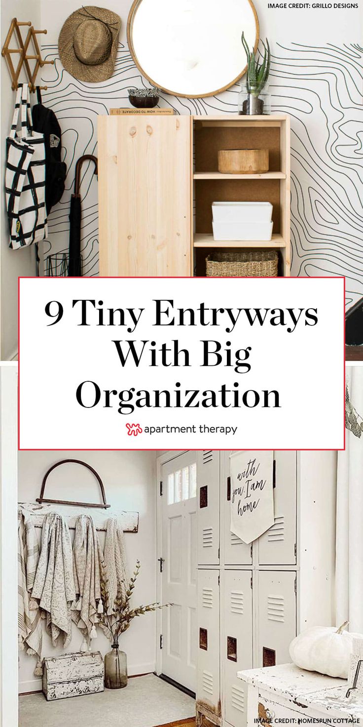 an entryway with big organization in it and the title overlay reads 9 tiny entryways with big organization