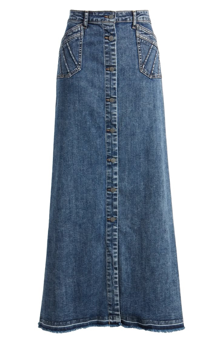 This everyday jean skirt is updated in a longline silhouette with front patch pockets. 38 1/2" center front length (size 29) Unlined 95% cotton, 4% polyester, 1% spandex Machine wash, tumble dry Imported Blue Cotton Denim Skirt With Five Pockets, Denim Maxi Skirt Winter, Dark Wash Full Length Denim Skirt, Trendy Full-length Dark Wash Denim Skirt, Chic Full-length Cotton Denim Skirt, Denim Blue Full-length Maxi Skirt, Full Length Non-stretch Denim Blue Denim Skirt, Maxi Skirt Winter, Denim Button Skirt