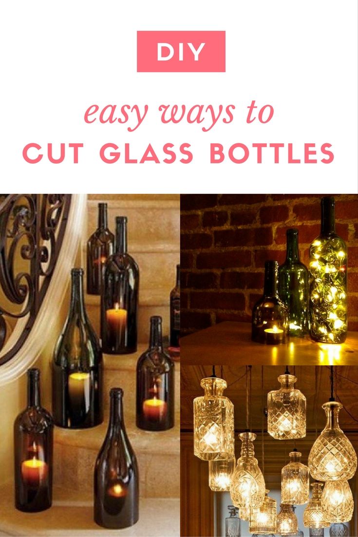 several different bottles with candles in them and the words diy easy ways to cut glass bottles