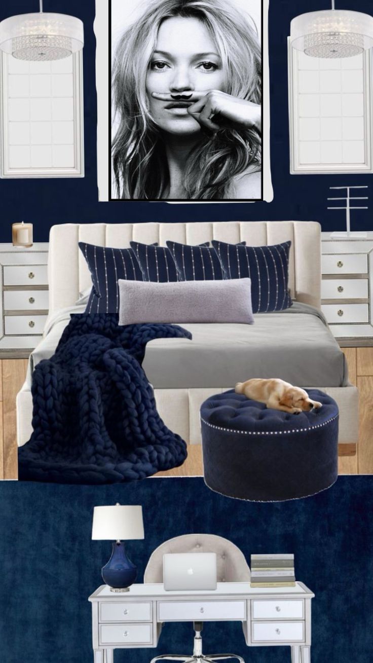 a bedroom with blue walls, white furniture and pictures on the wall in black and white